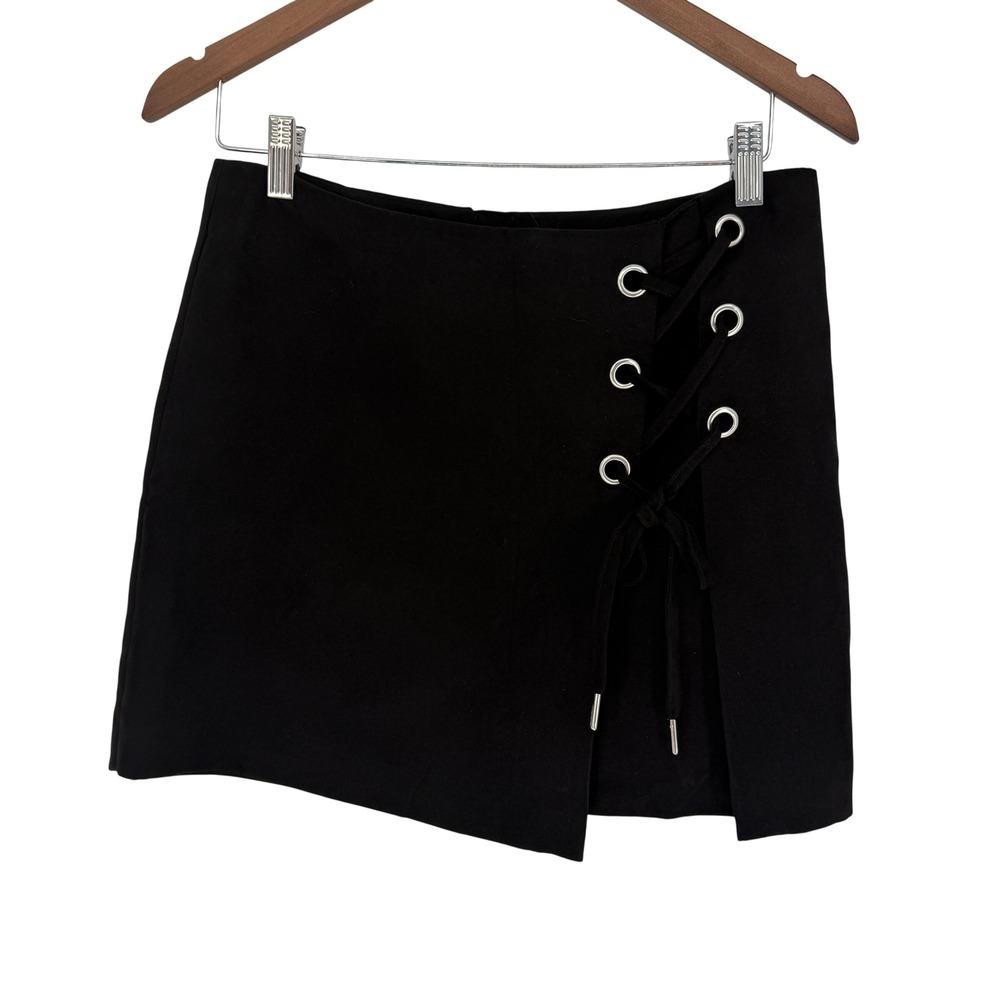 H&M Divided Black Faux Suede Lace Up Mini Skirt Size S/M Grommet Detail A-Line